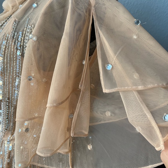 Mac Duggal Embellished Cowl Neck Flutter Sleeve Mesh Ankle Dress - Picture 13 of 16